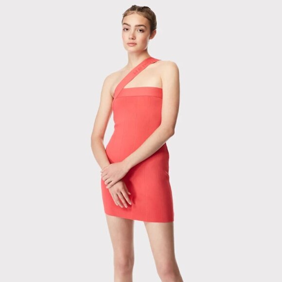 Herve Leger Coral Red Bodycon Mini Dress M NWT Asymmetrical Strap - Picture 1 of 7